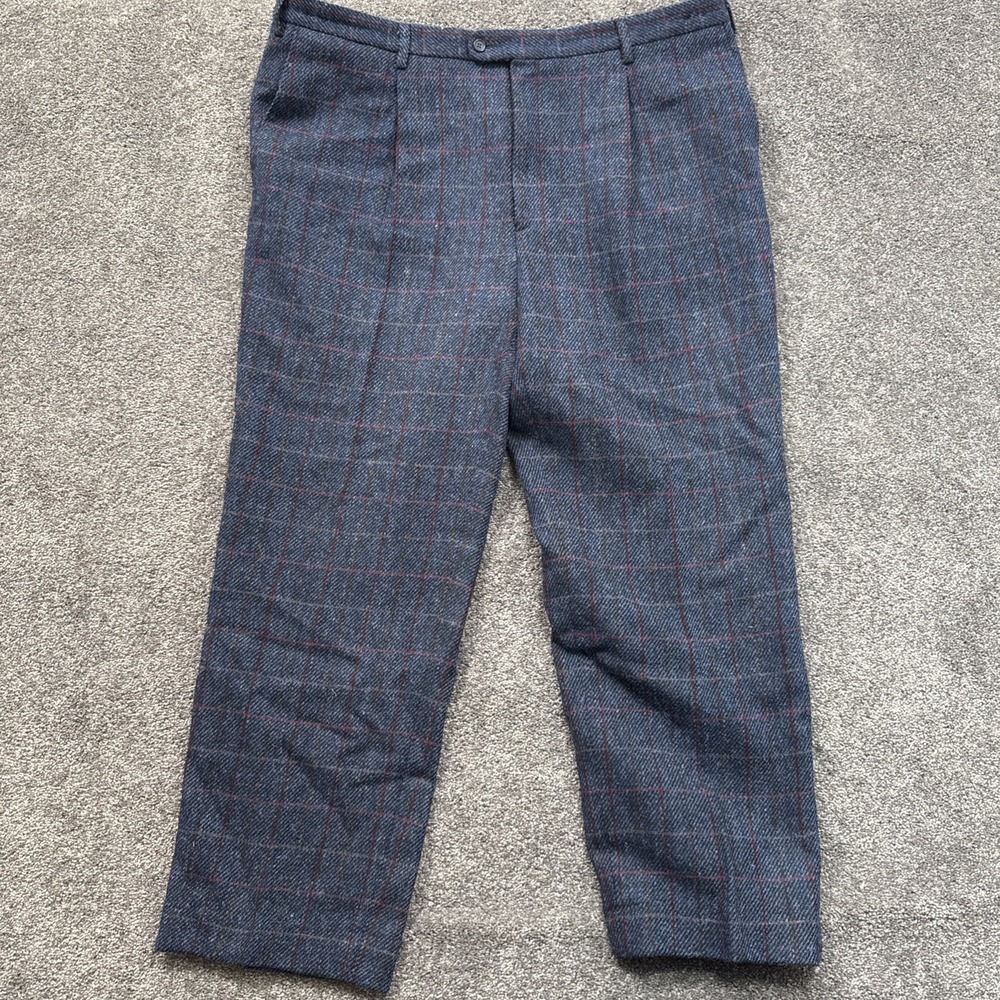 Mens 46x31 Peter Christian Harris Tweed Pants Wool Tweed Blue Flat Front Straigh